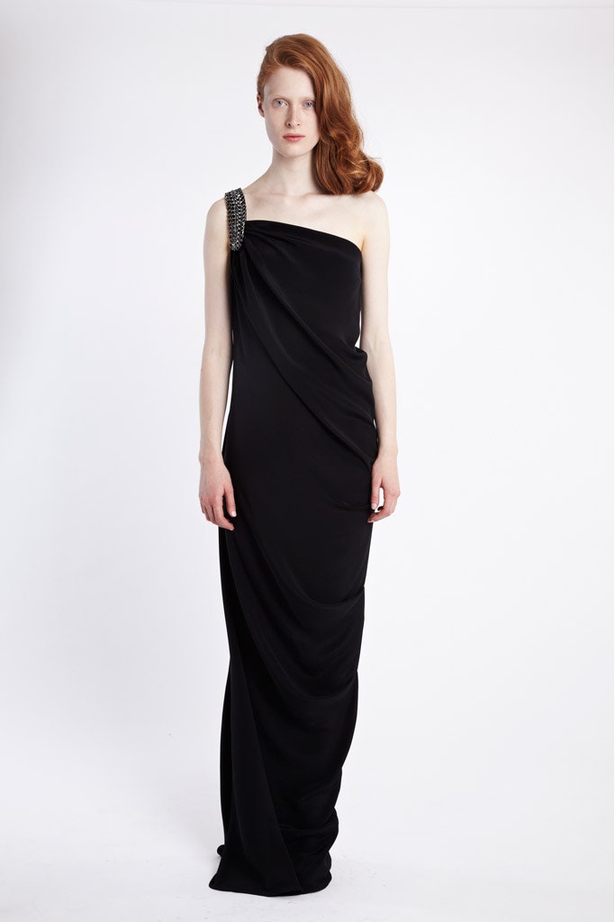 black silk one-shoulder gown