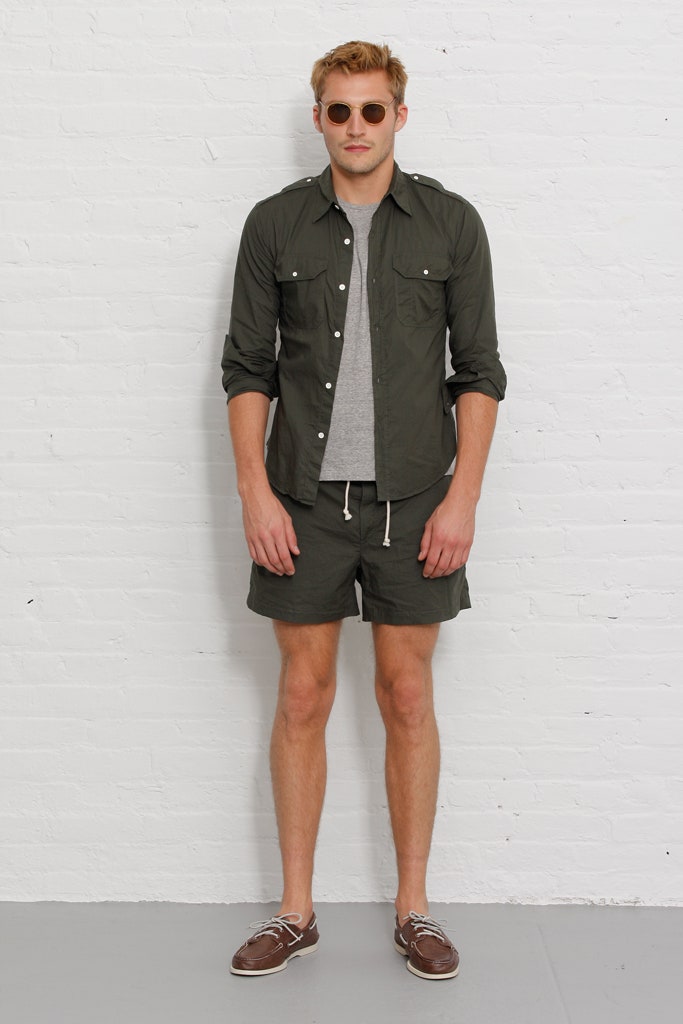 green shirt gray t-shirt shorts