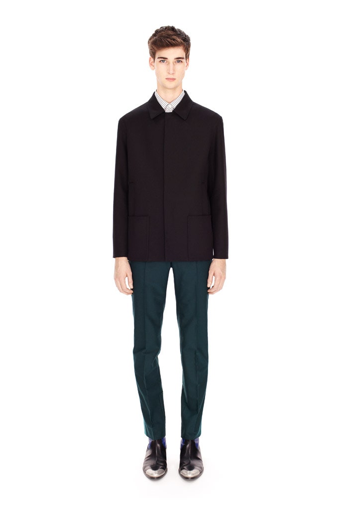 black wool jacket with teal pants