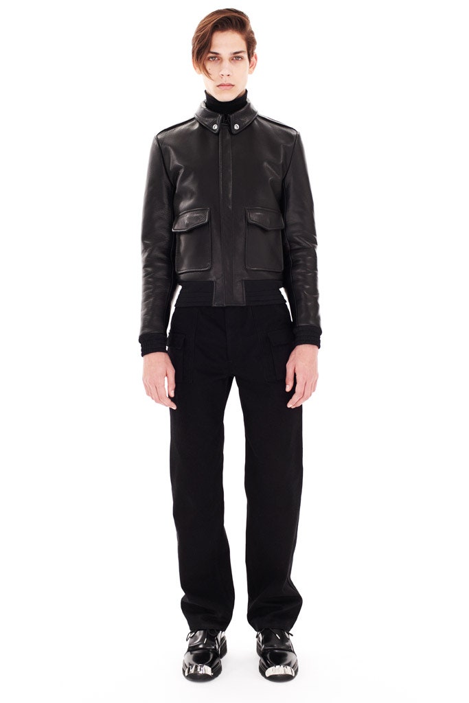 black leather fitted jacket and relaxed pants