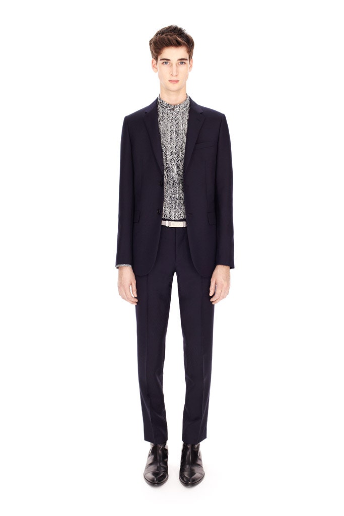 navy tailored suit with printed shirt