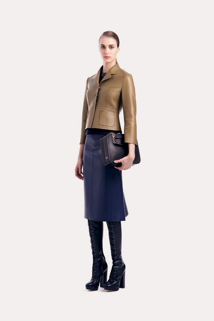 brown leather long-sleeve collared tailored jacket