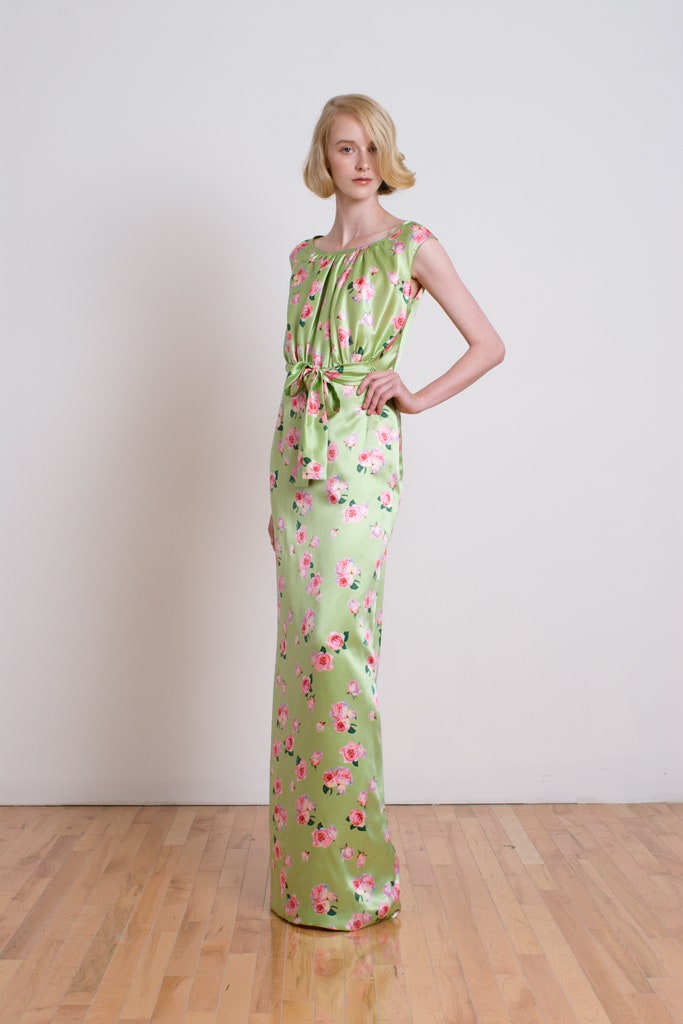 green floral silk gown