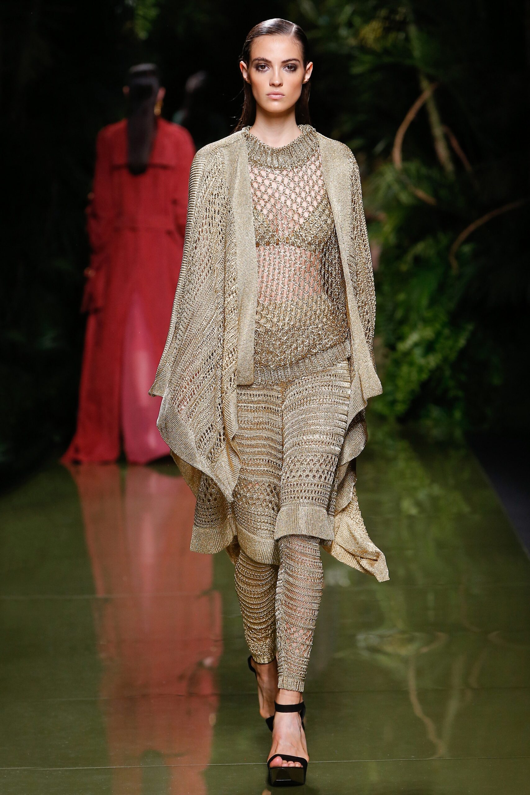 gold knit top pants cape