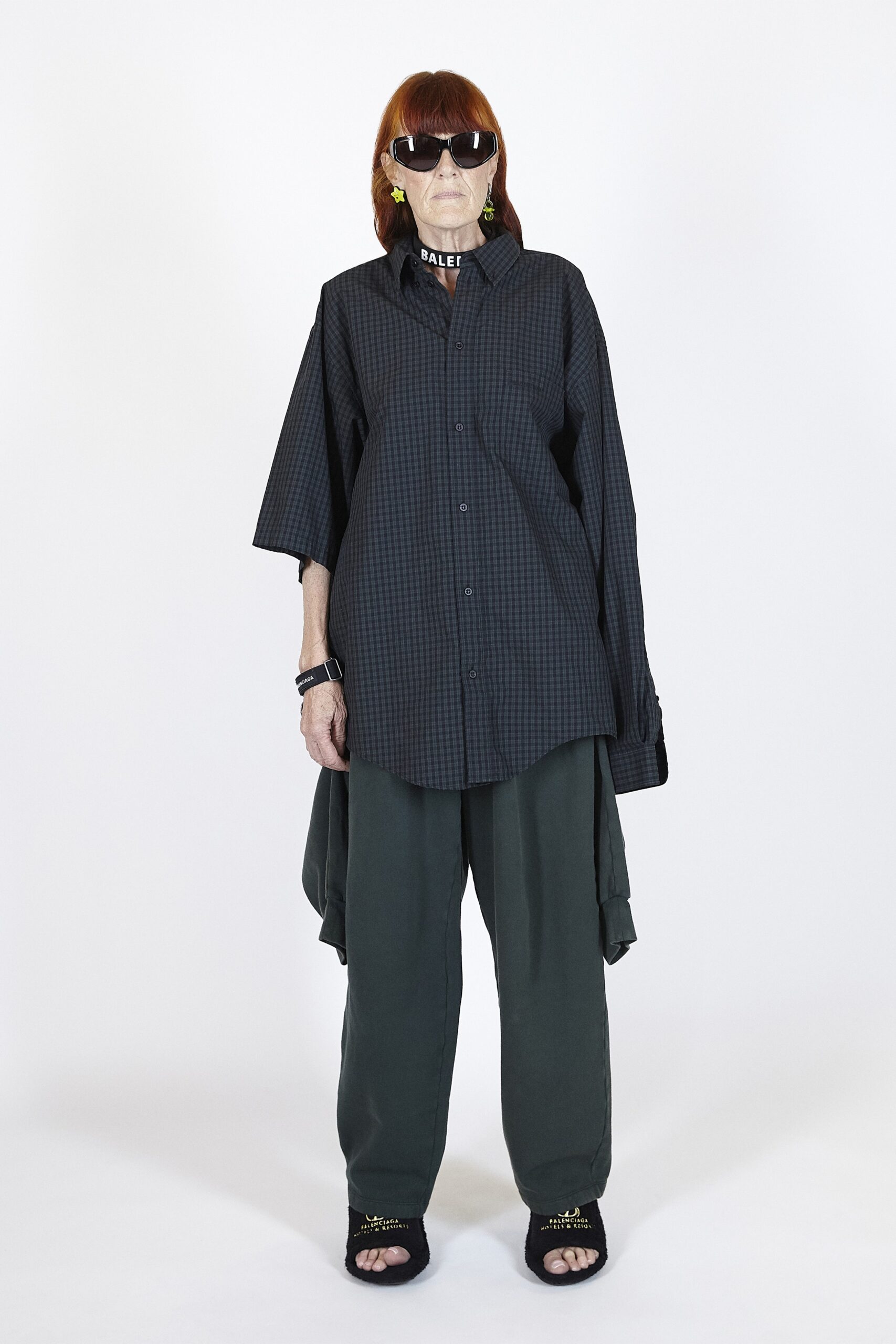oversized black checked shirt with relaxed pants