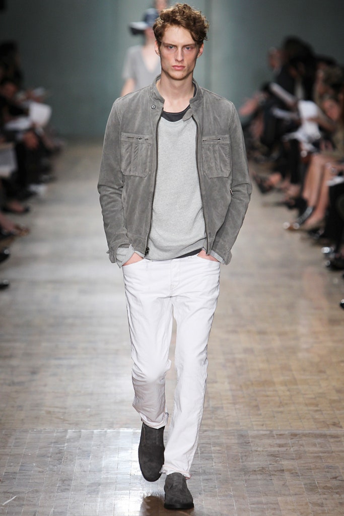 gray suede jacket with relaxed shirt