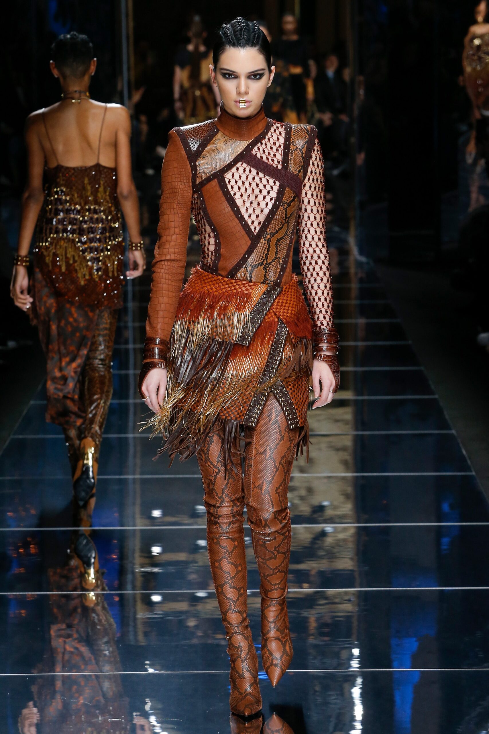 fitted brown leather dress with fringe