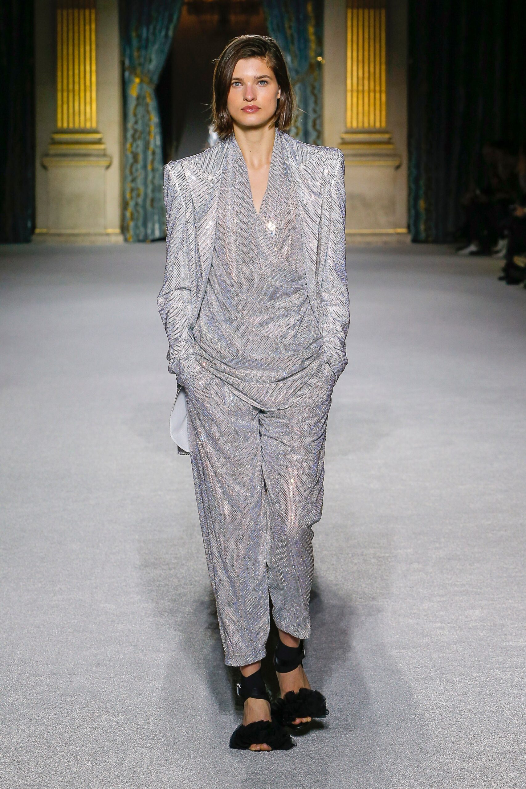 shiny silver relaxed suit