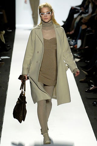 beige wool coat and brown knit dress