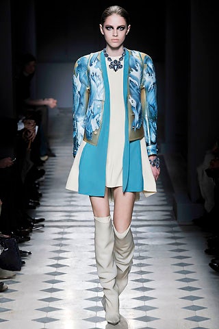 blue silk long-sleeve collared structured printed jacket