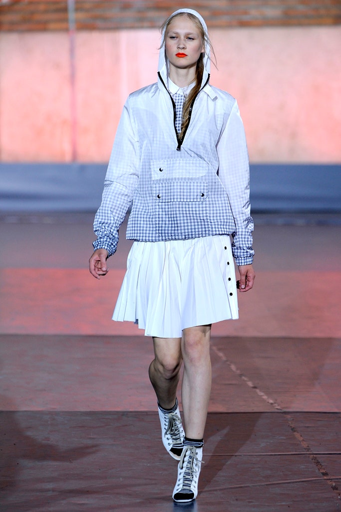 white and blue relaxed jacket with pleated skirt