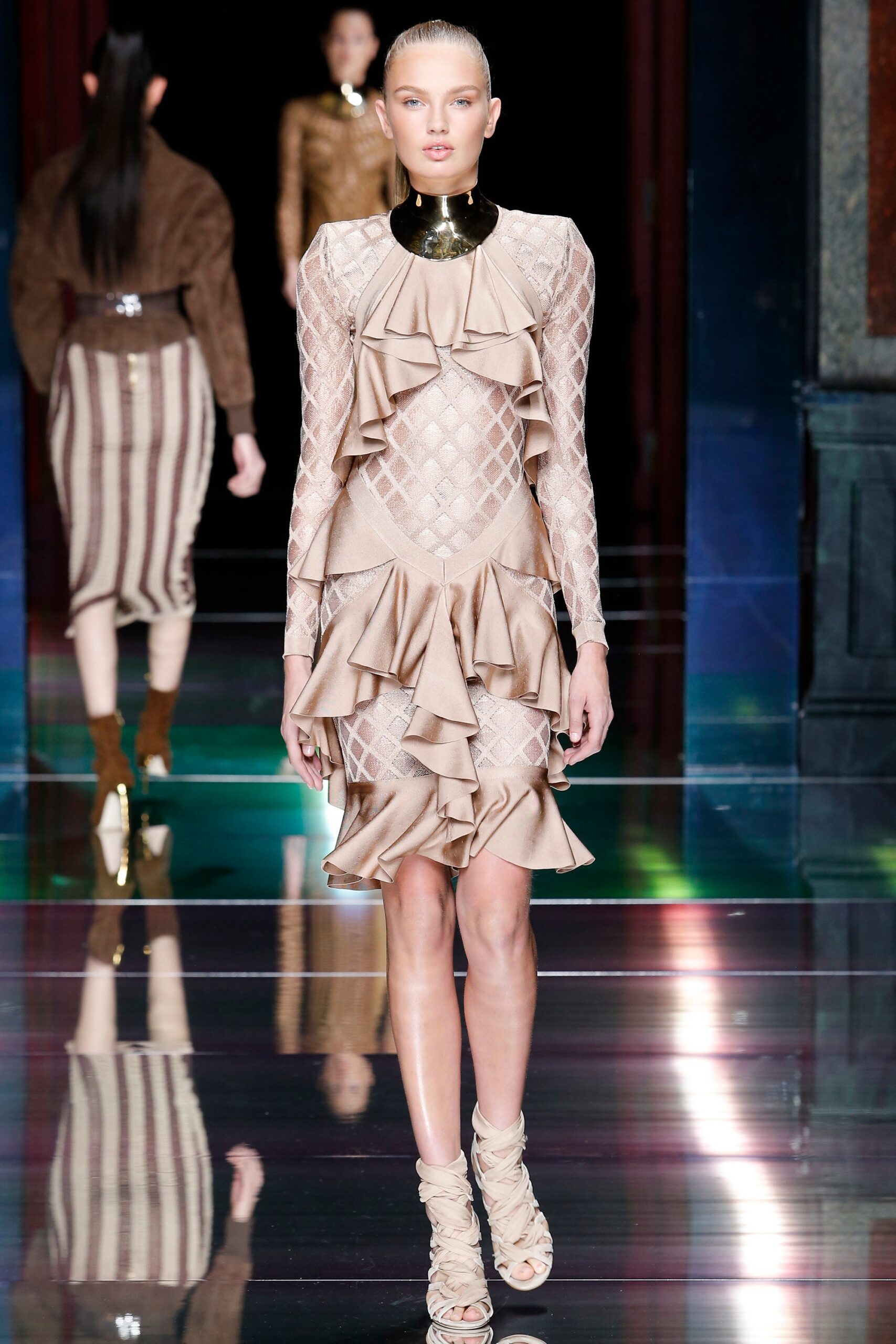 beige fitted ruffled mini dress