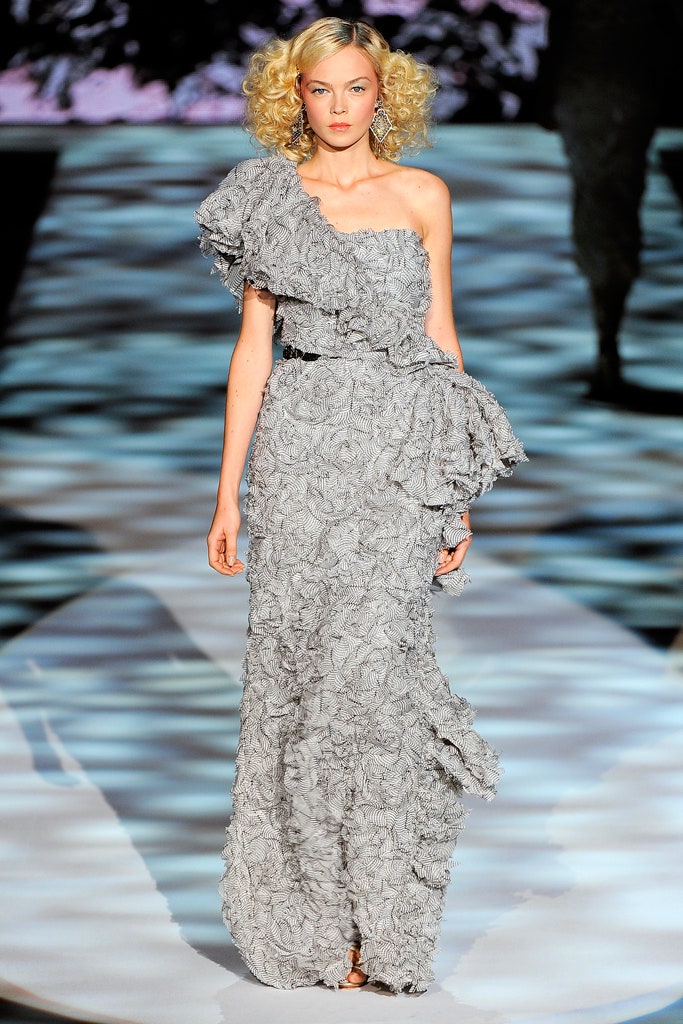 gray ruffled strapless gown