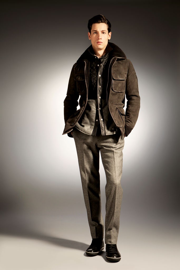 brown suede jacket with gray pants