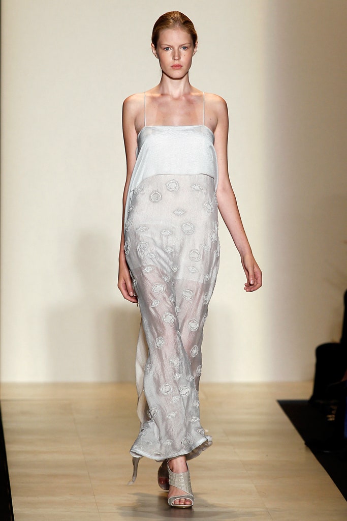 white silk embroidered gown