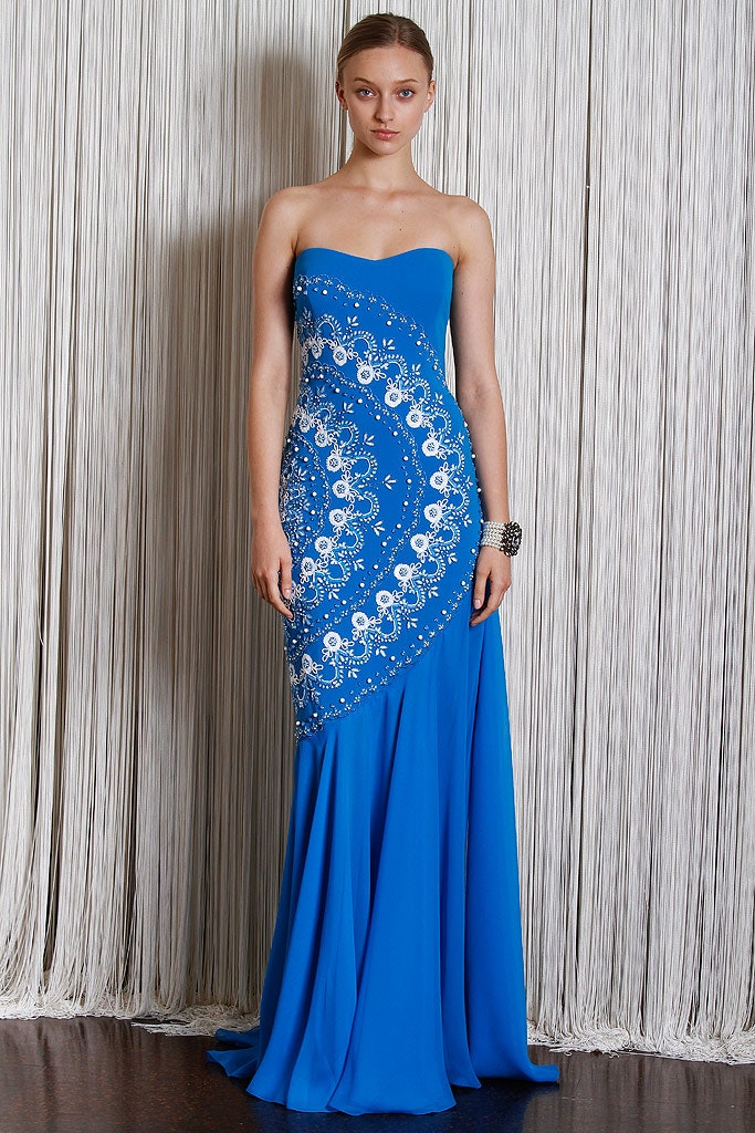 blue strapless embellished gown
