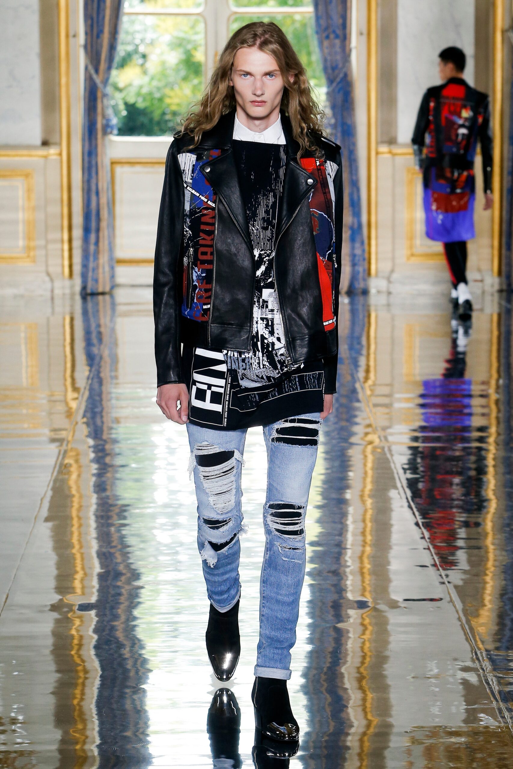 black leather jacket with t-shirt and jeans