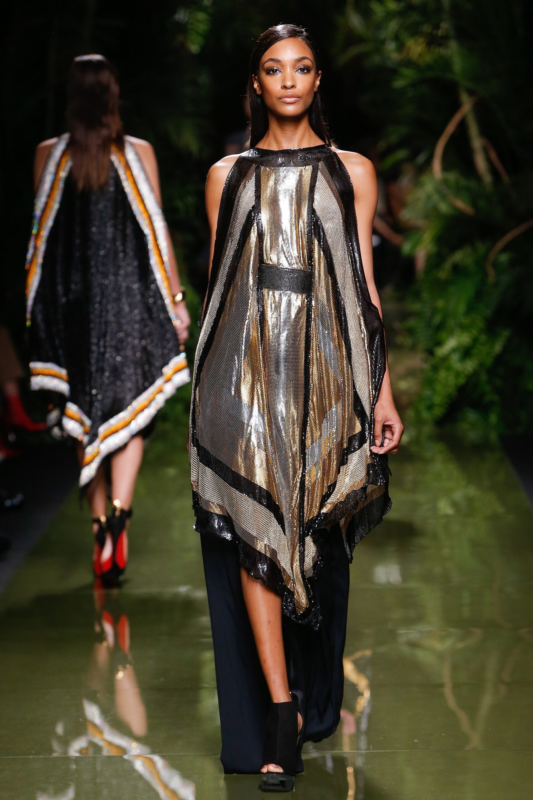 gold and black draped maxi dress