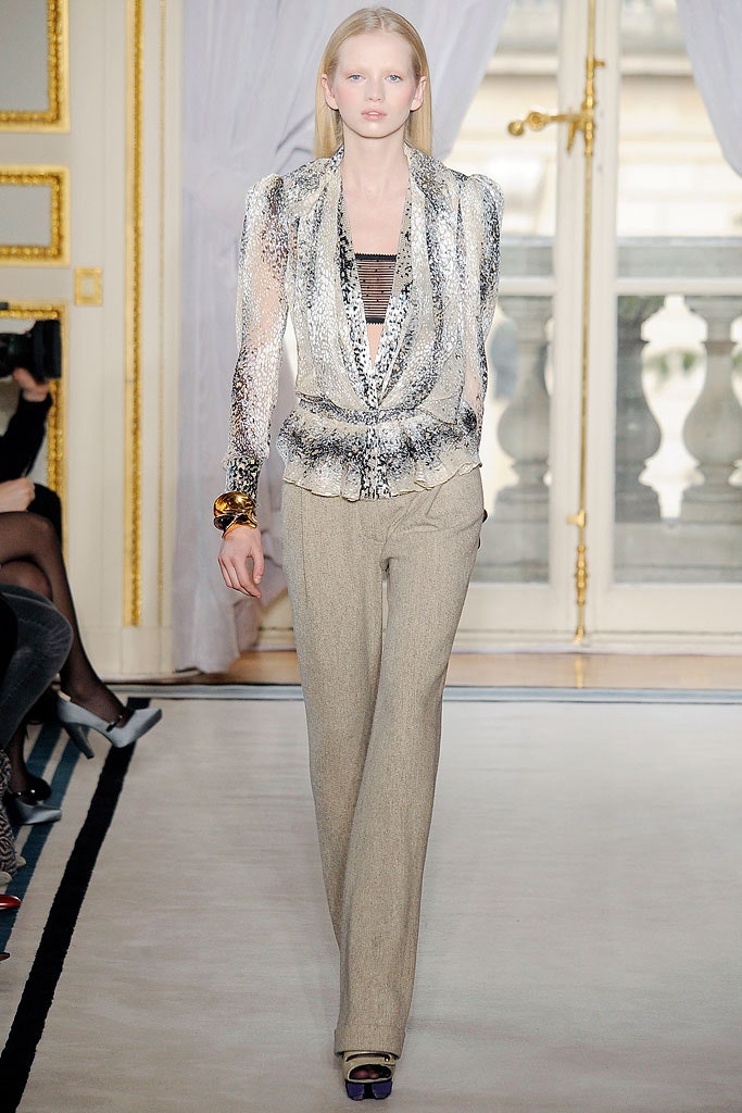 silver printed fitted blazer and beige tailored pants