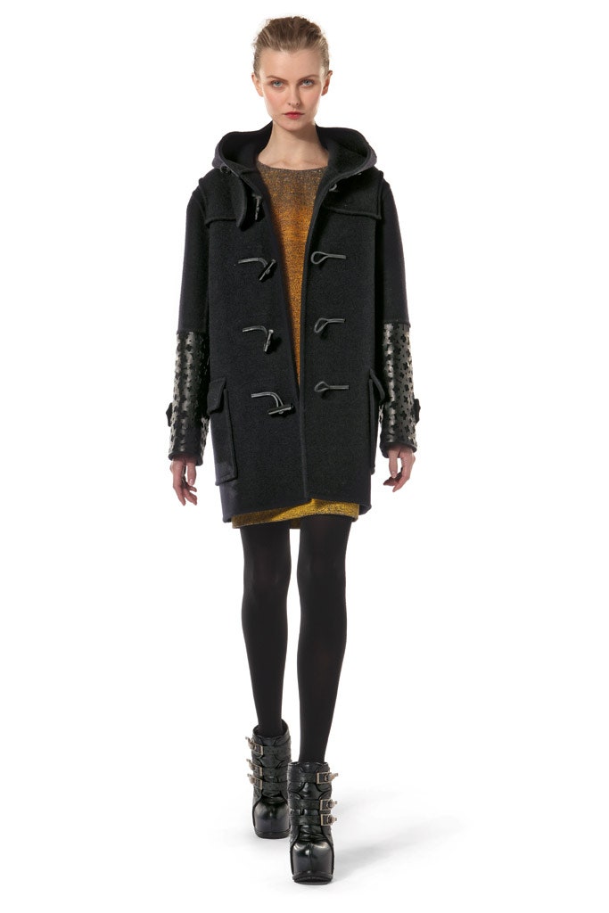 black wool coat with gold dress