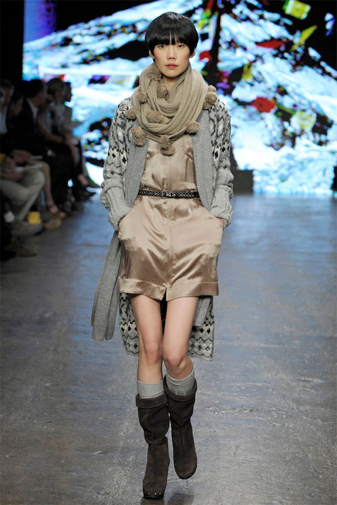 beige silk sleeveless dress with gray cardigan