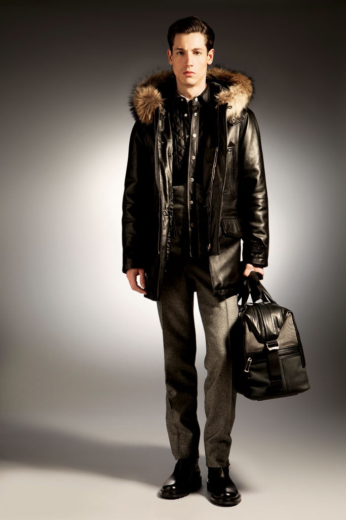black leather parka with gray pants