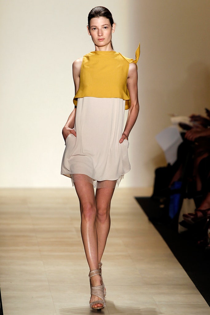 yellow beige color-blocked dress