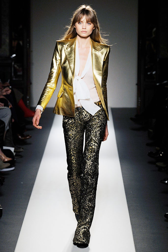 gold metallic long-sleeve collared tailored buttoned shiny blazer