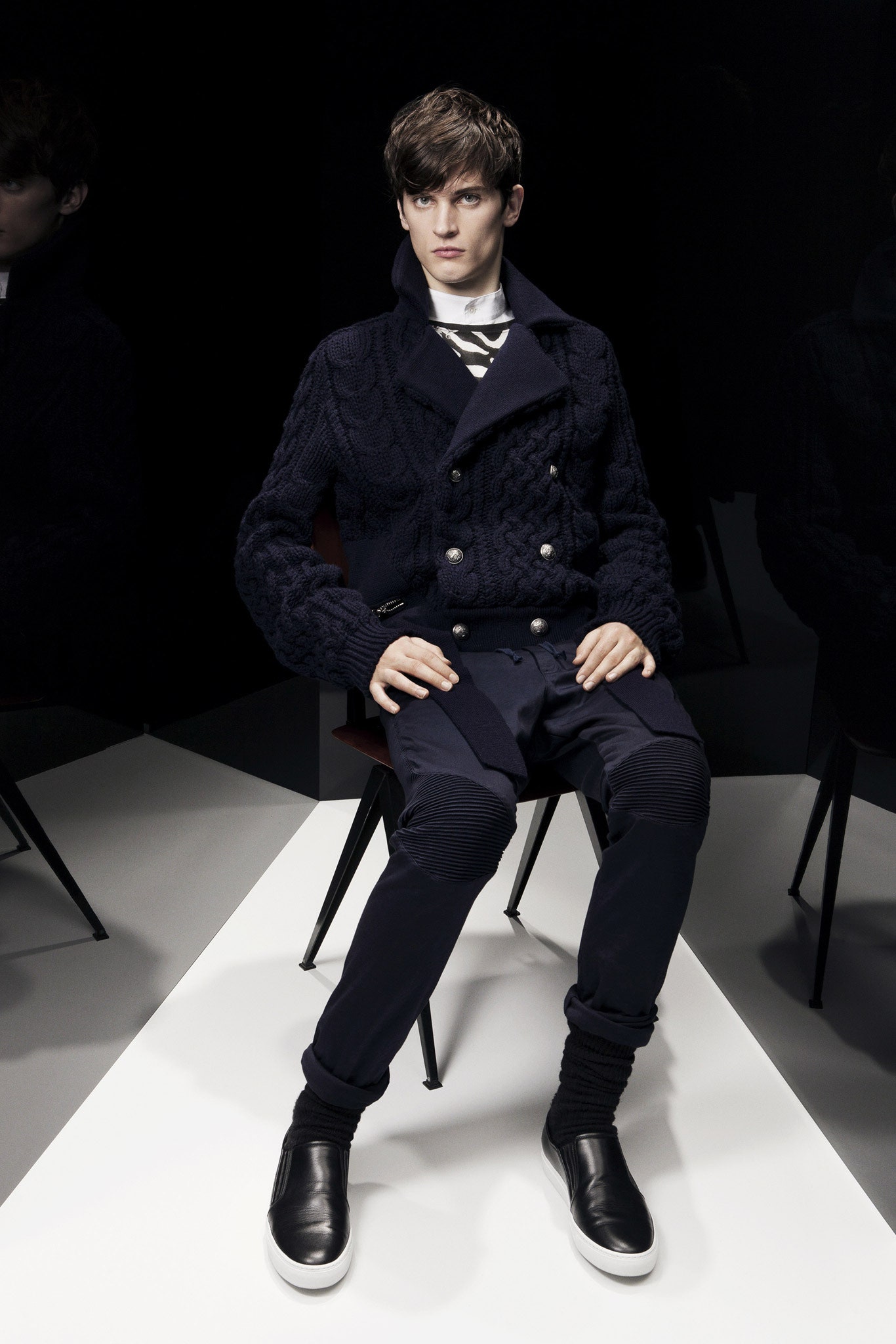 black fitted wool jacket with slim pants