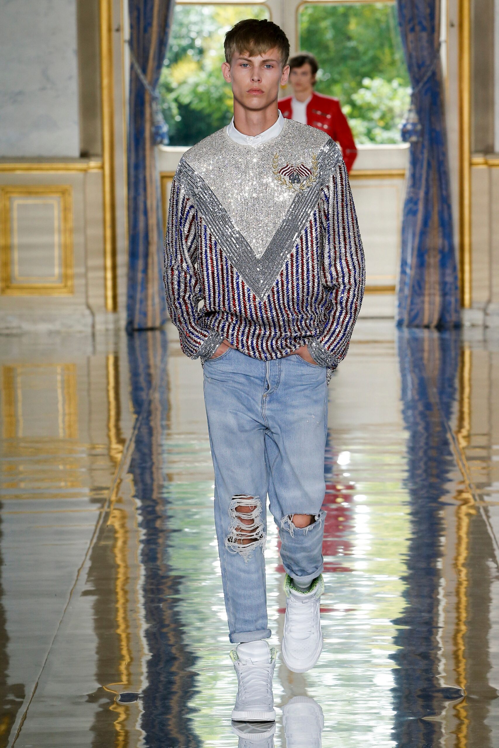 multi-colored sequin sweater with jeans