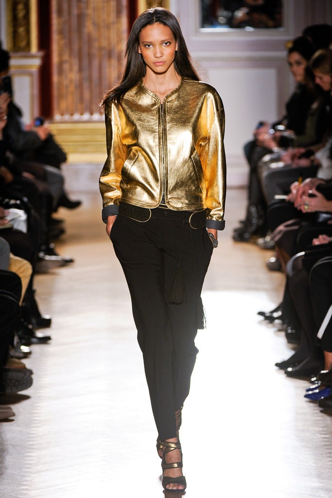 gold metallic long-sleeve collared fitted zippered shiny jacket