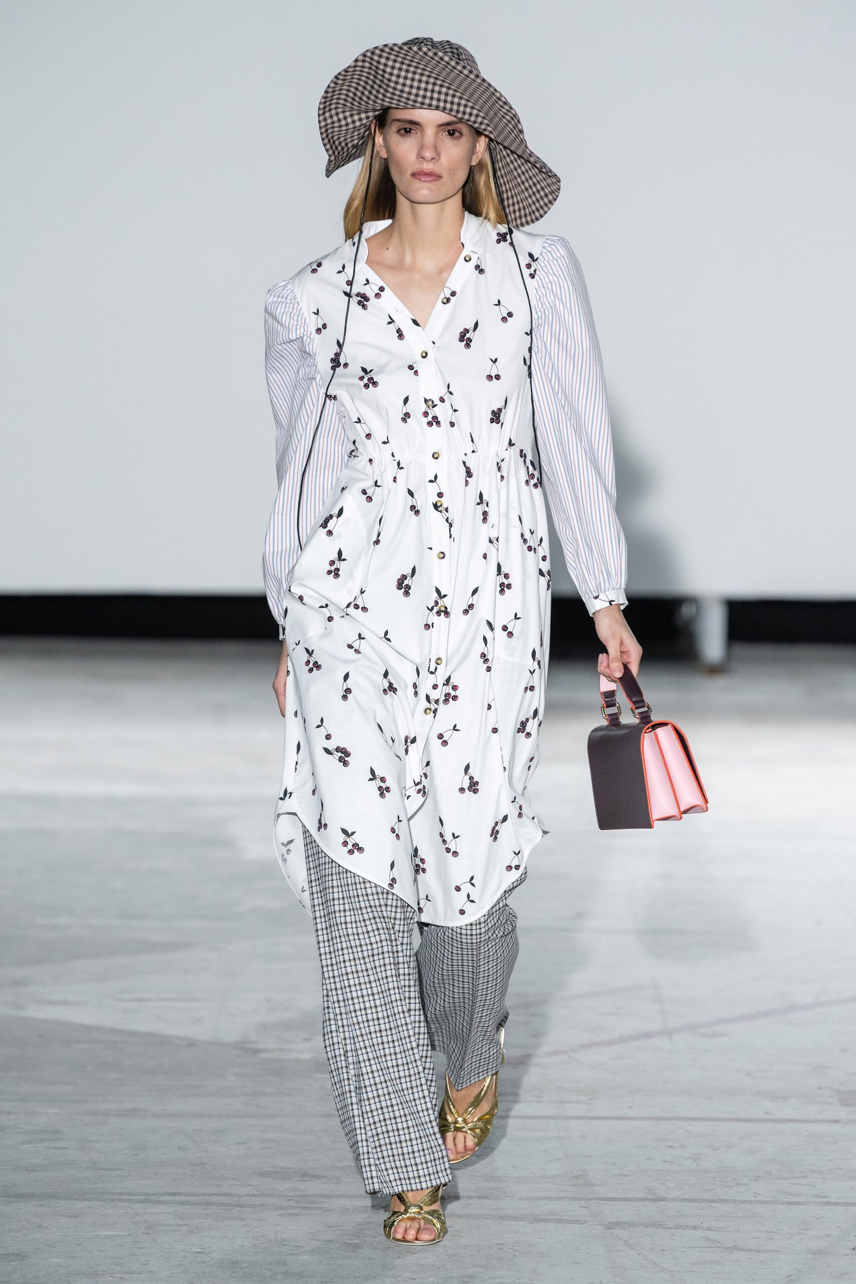 relaxed floral midi dress with checked pants