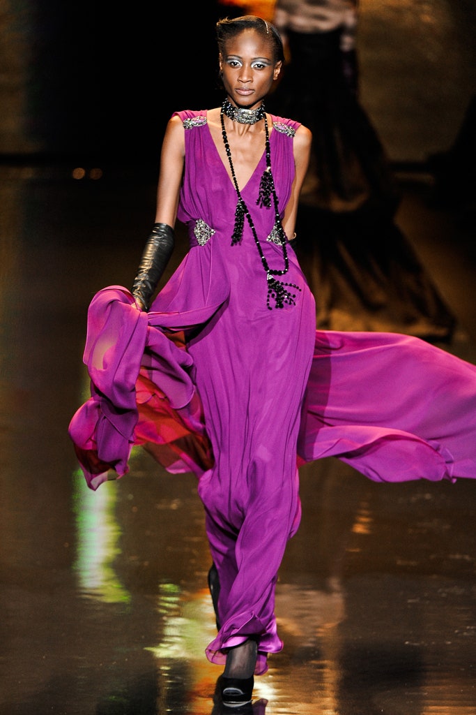 purple silk sleeveless gown