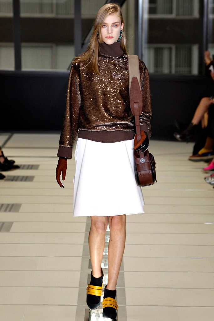 brown sequin long-sleeve high-neck relaxed textured shiny top