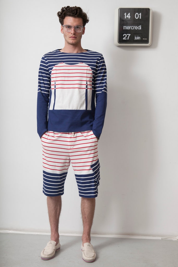 striped blue and white top with cargo shorts