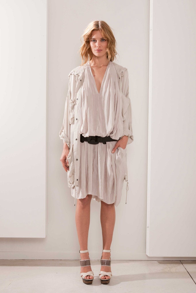 beige silk relaxed dress with coat