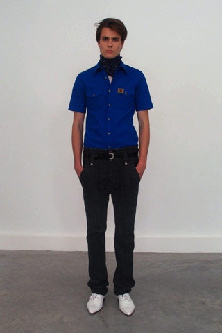 blue fitted shirt with black pants