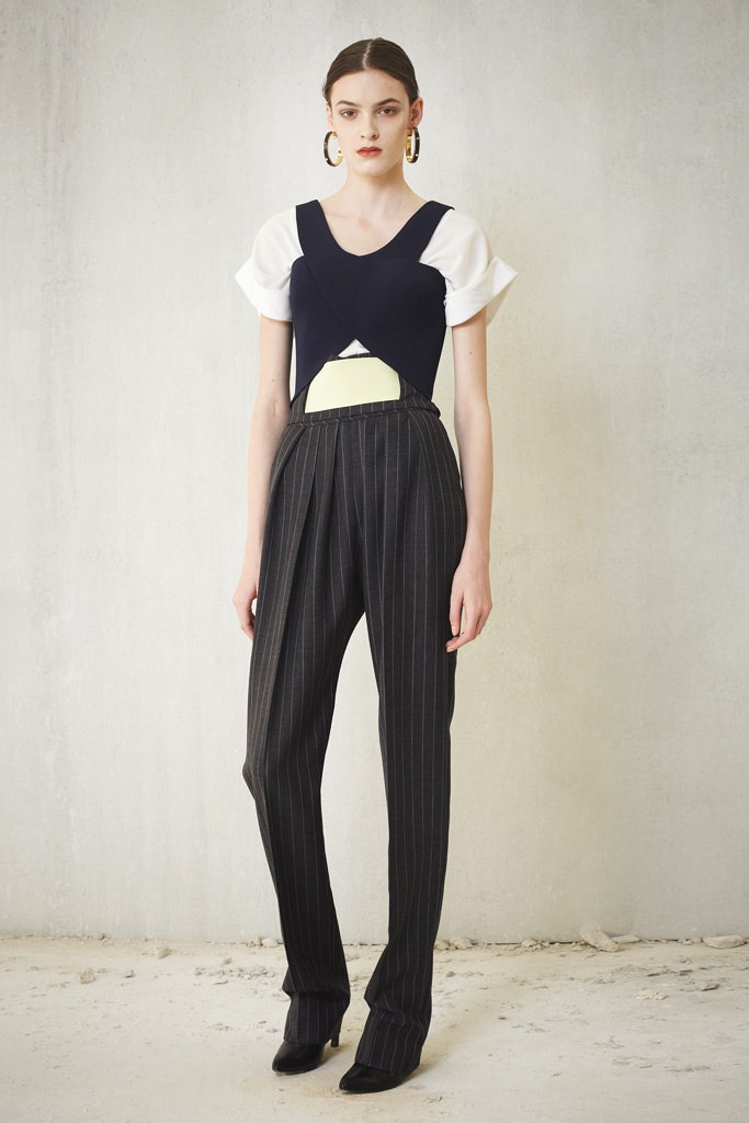 fitted layered top with tailored pants