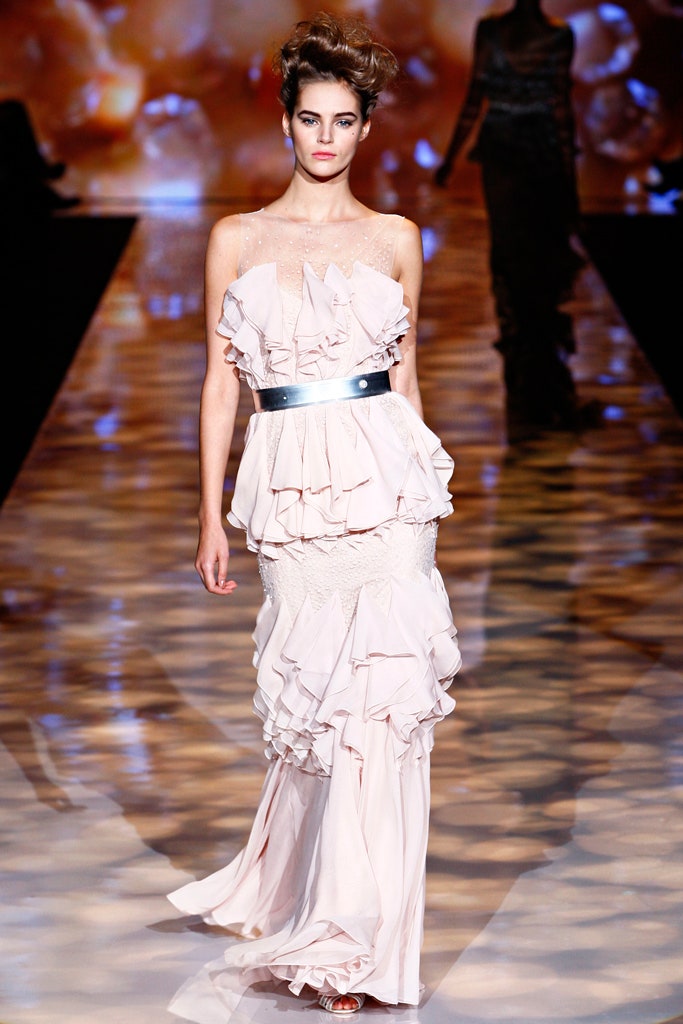 pink silk ruffled gown
