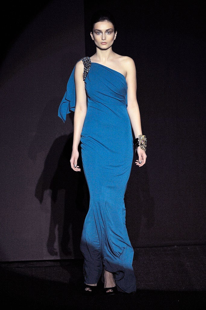 blue silk off-shoulder gown