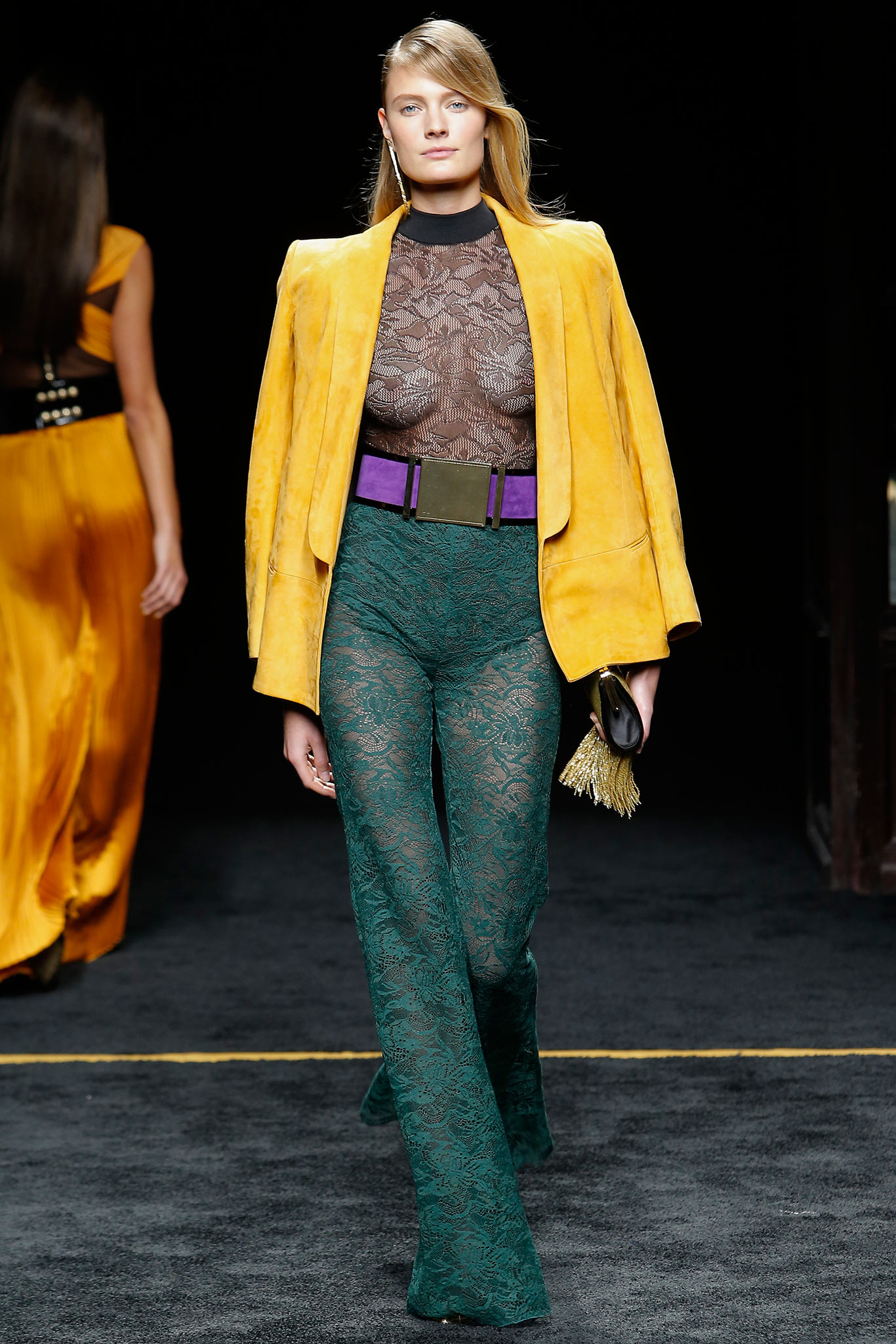yellow suede long-sleeve collared structured jacket