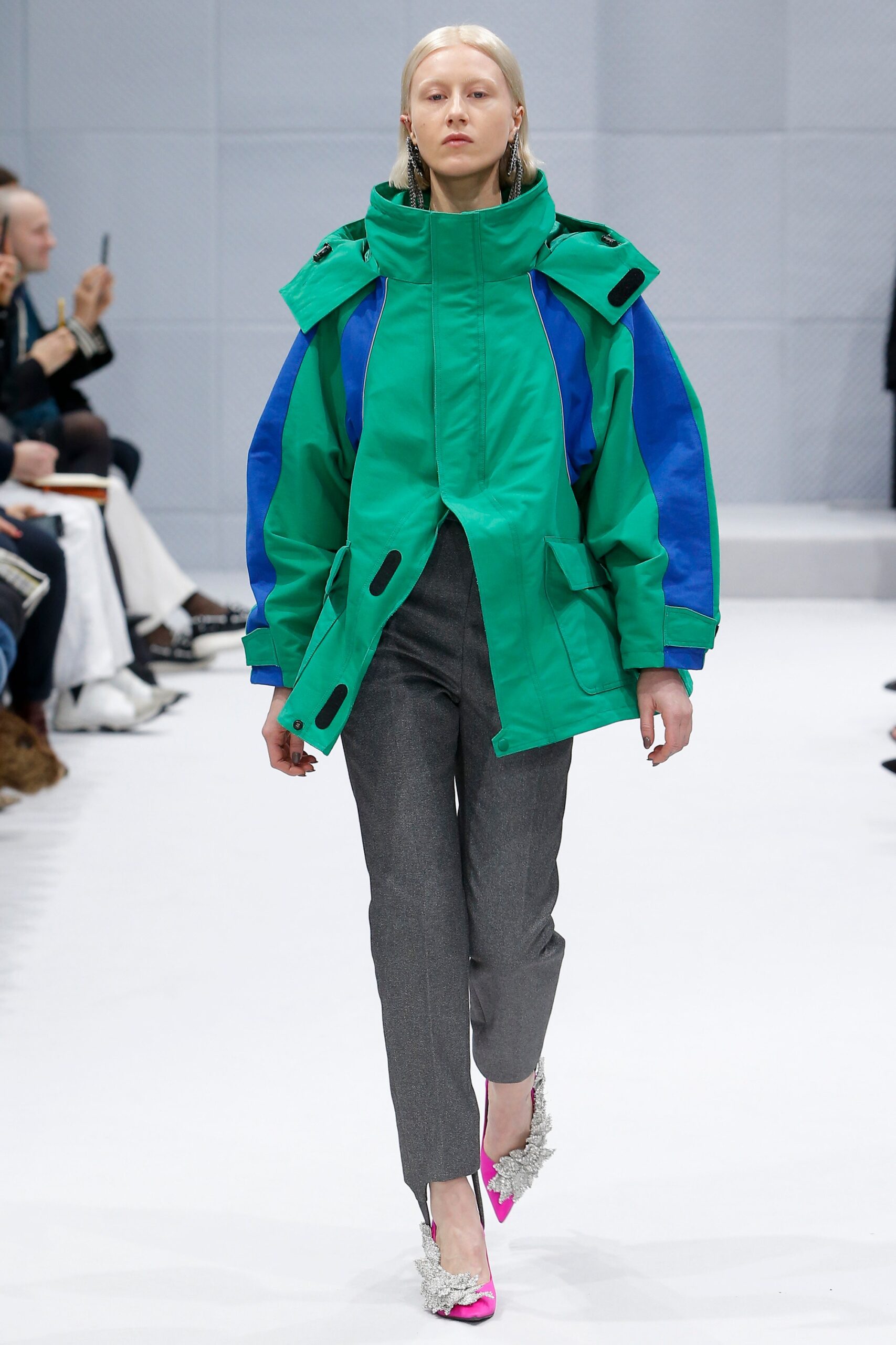 green blue relaxed jacket with gray pants