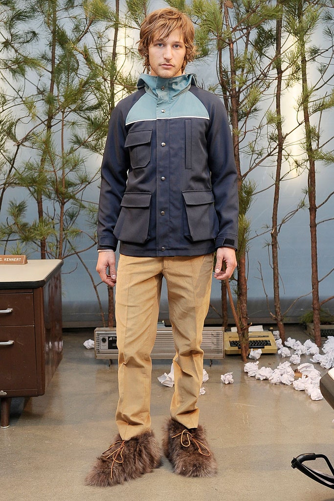 blue gray relaxed jacket with beige pants