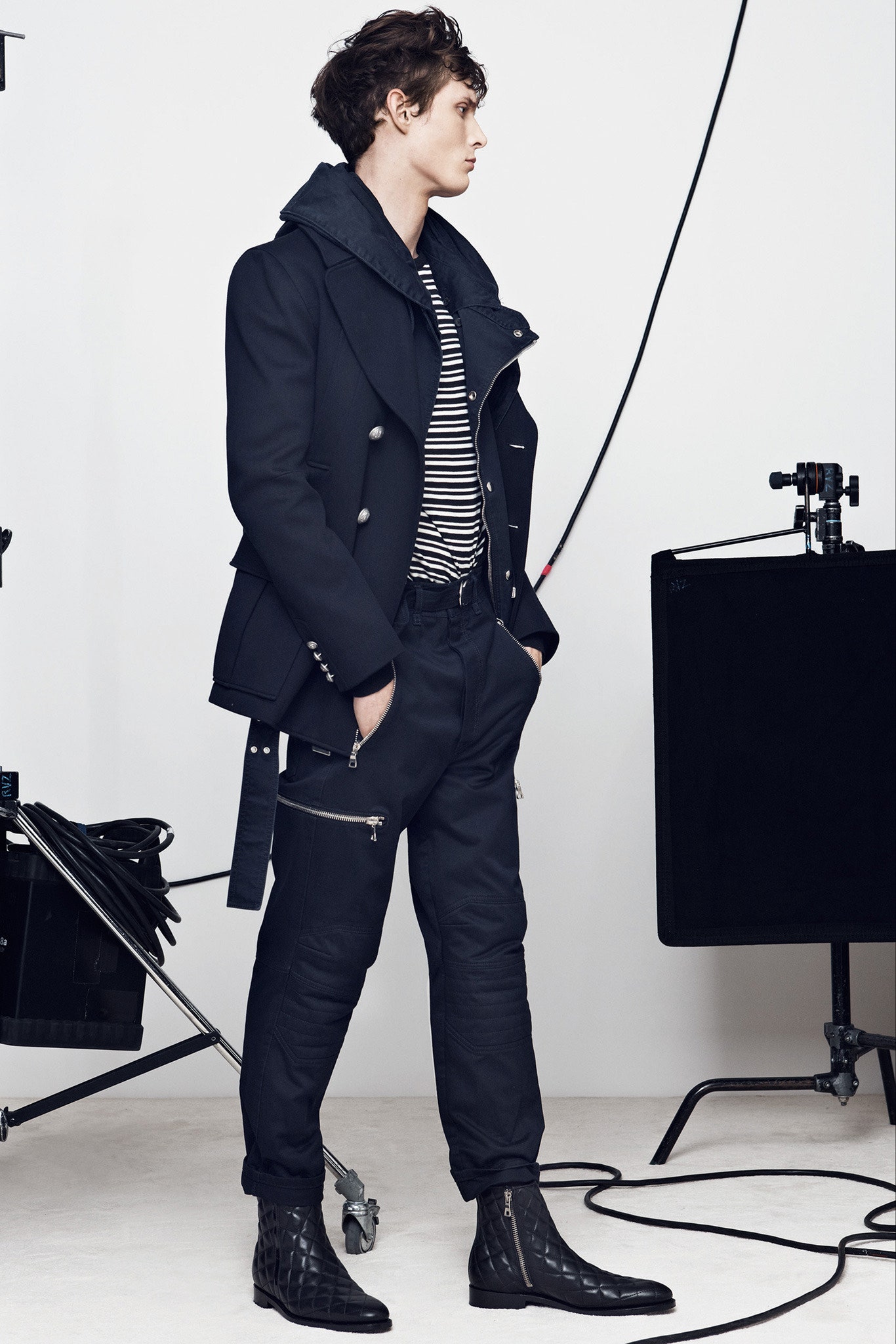 black fitted jacket with striped shirt