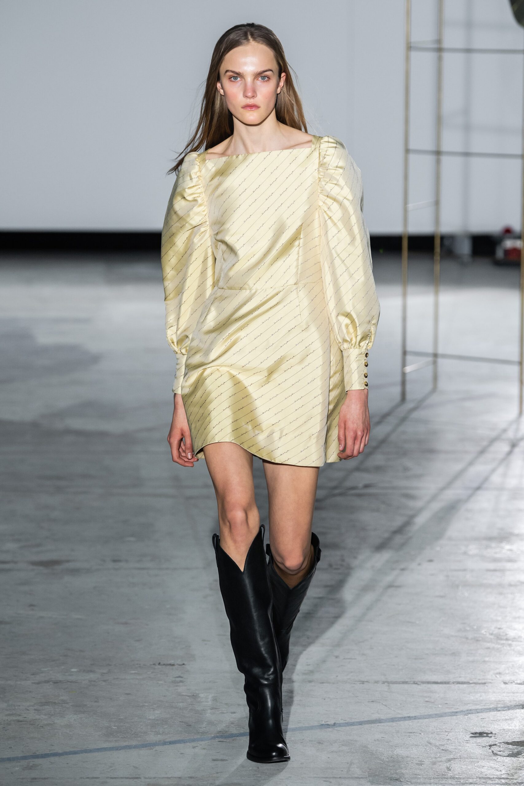 yellow silk mini dress with long sleeves