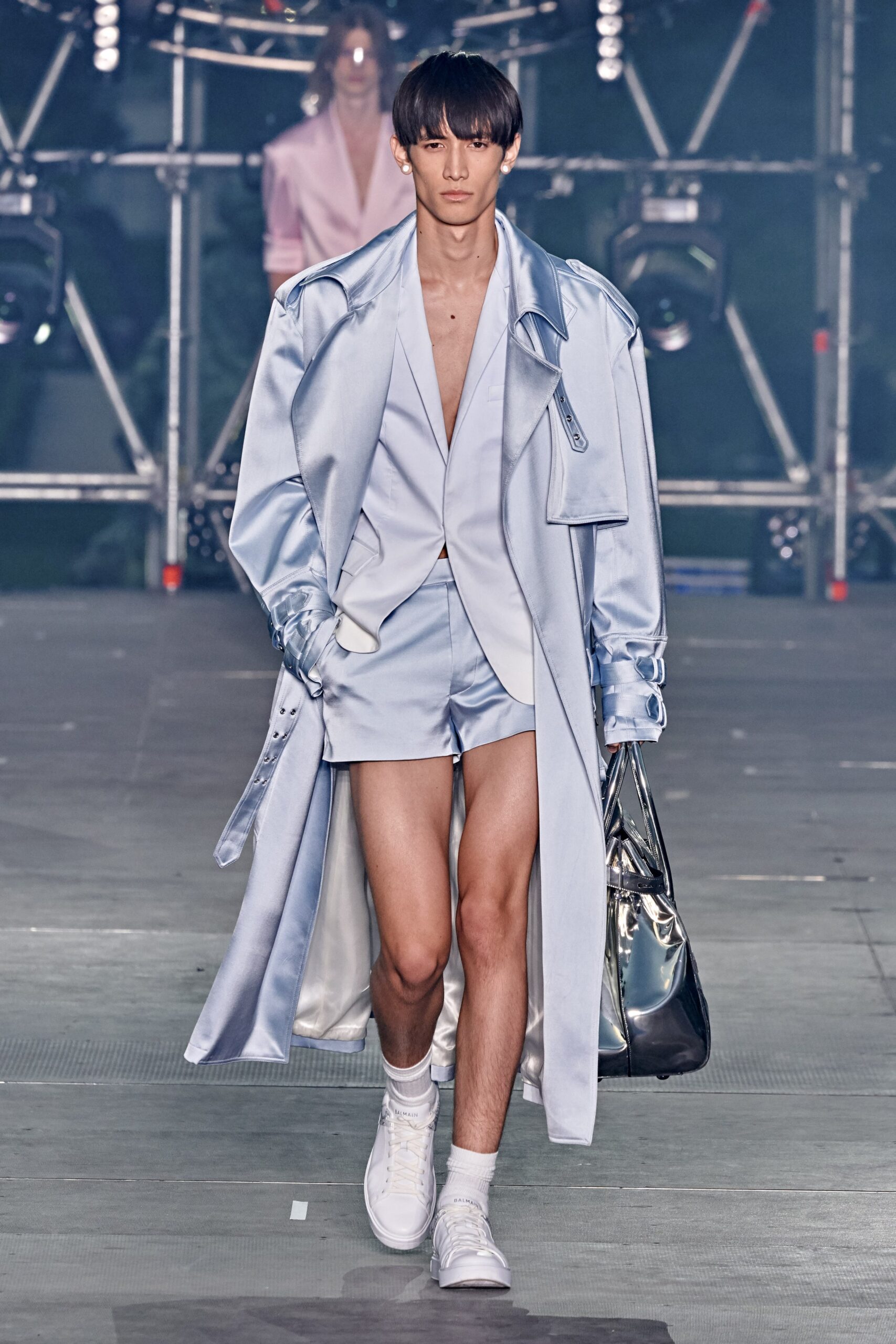 blue silk long-sleeve collared relaxed draped flowing coat