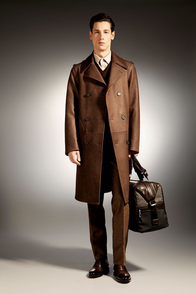 brown leather long-sleeve double-breasted fitted buttoned coat
