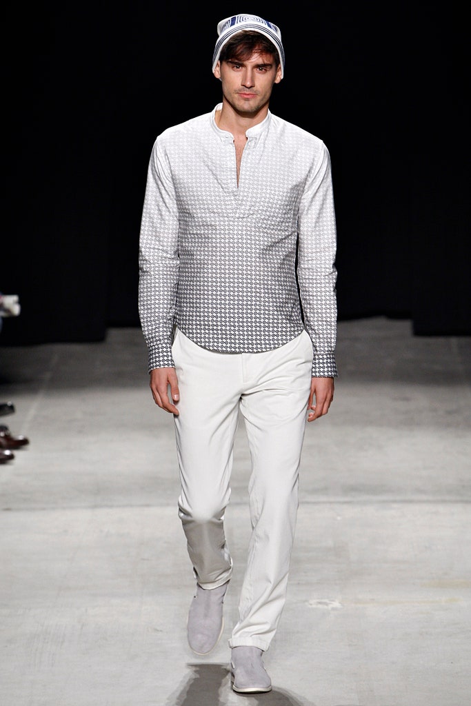 fitted white and gray shirt with slim pants