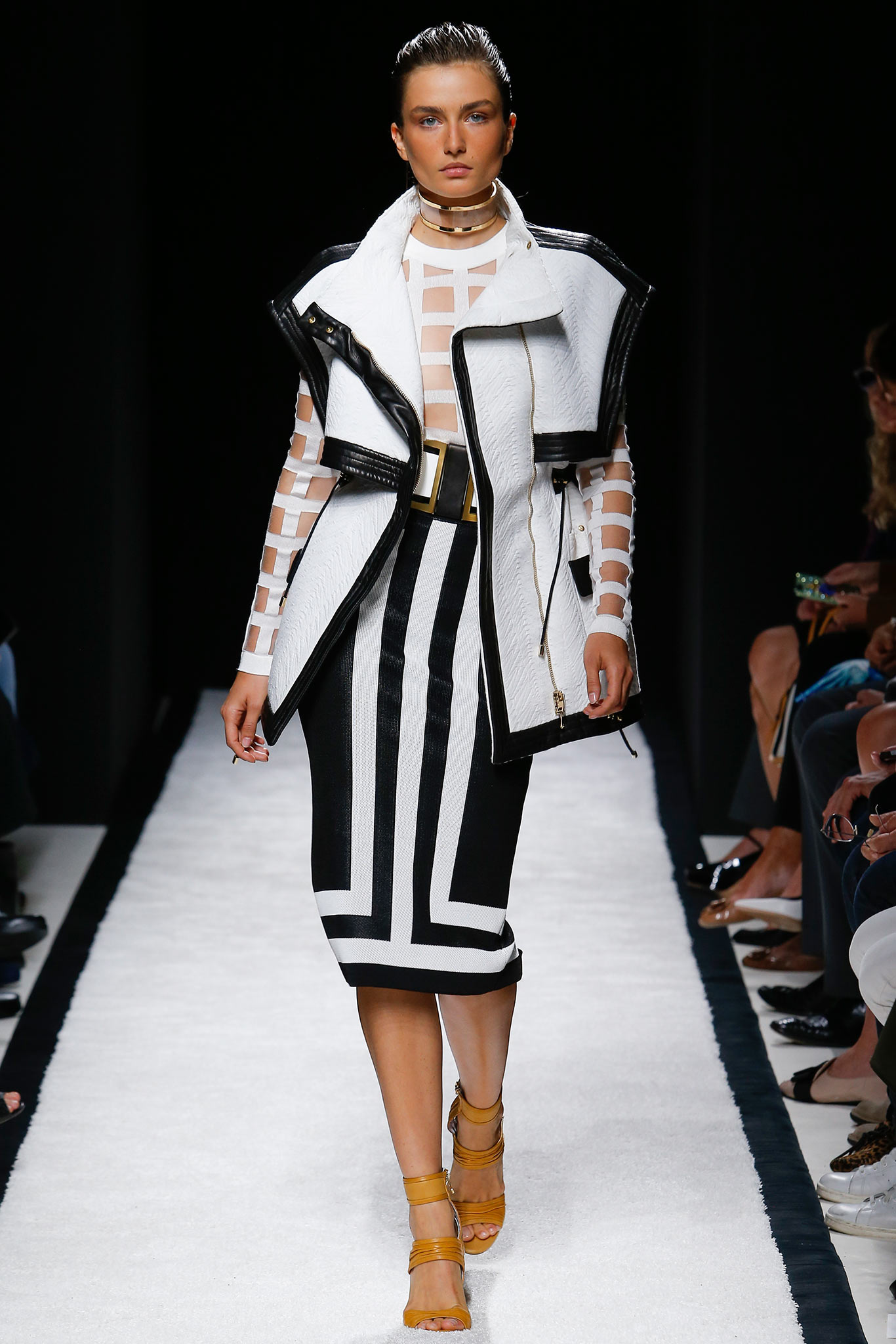 fitted black and white jacket with pencil skirt