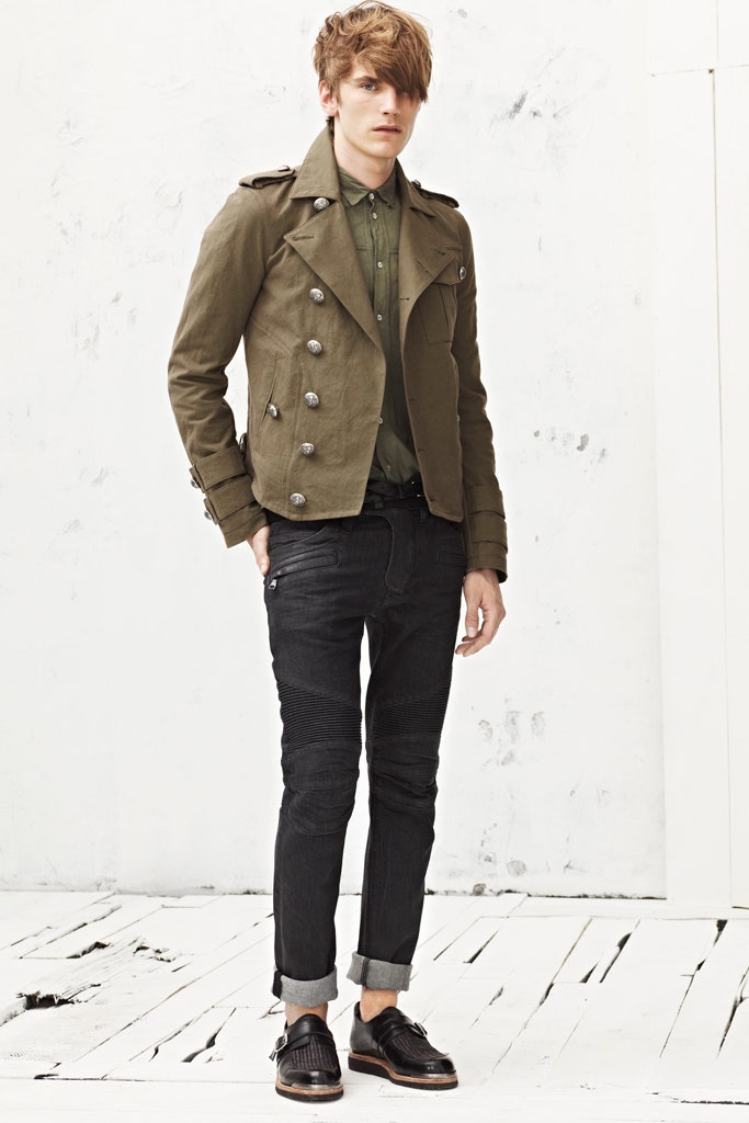 fitted green jacket with gray shirt